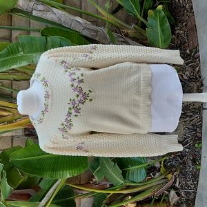 Loveshackfancy cream and purple floral knit sweater size medium